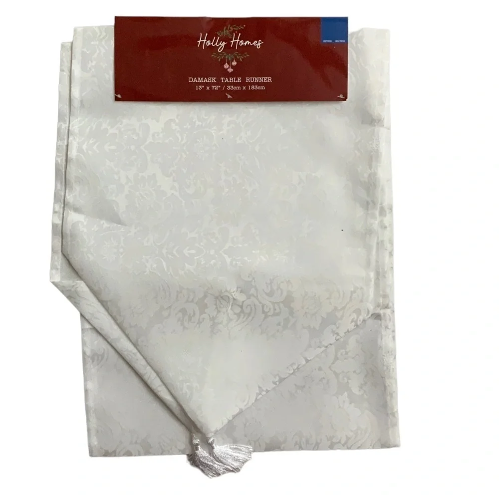 Holly Homes Table Runner Silky Damask Holiday Dressy White 13 in x 72 in